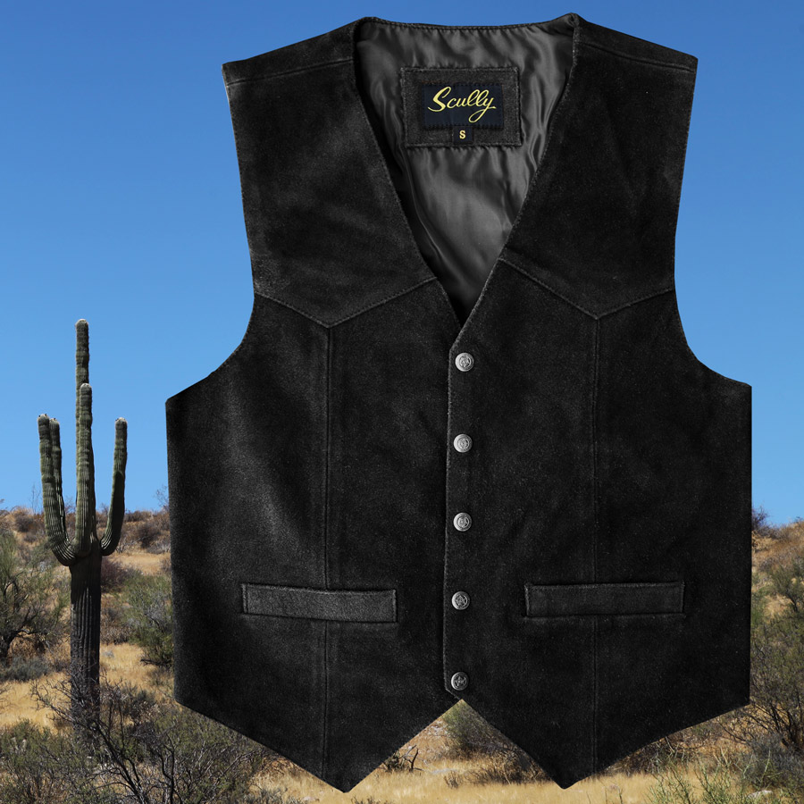 画像1: スカリー スナップフロント カーフスエード ベスト（ブラック）/Scully Calf Suede Leather Vest(Black) (1)