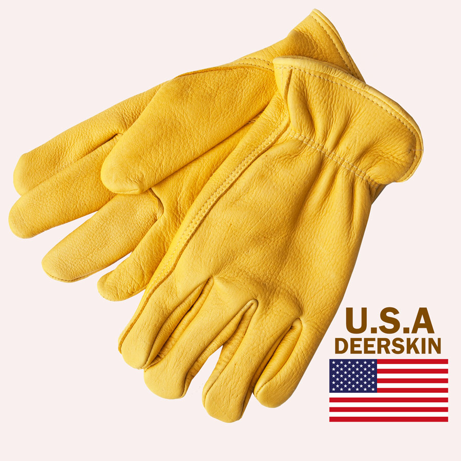 画像1: 鹿皮 手袋 アメリカン ディアーレザー グローブ パインイエロー（フリースライニング付）/Genuine American Deer Leather Gloves (1)