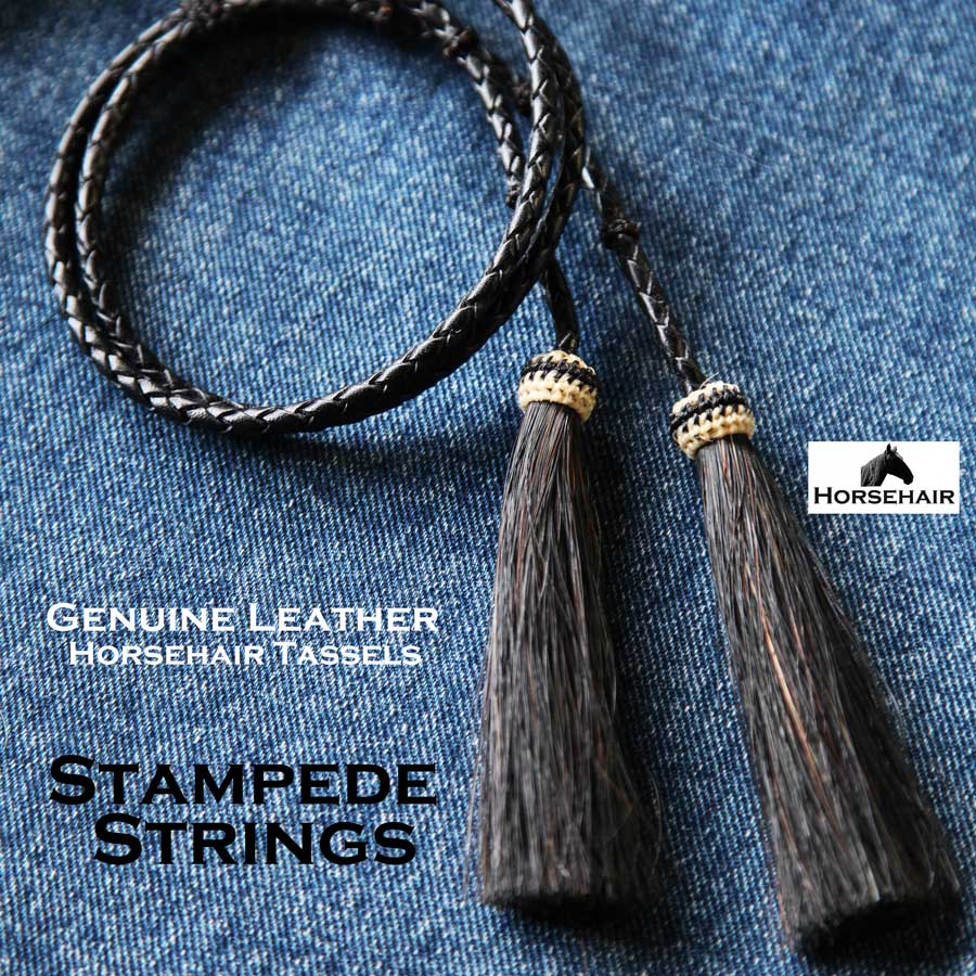 画像1: アメリカン ウエスタン レザー&ホースヘアータッセル スタンピード ストリングス ブラック・ブラック（ハット用あご紐）/Leather w/horse Hair Stampede Strings (1)