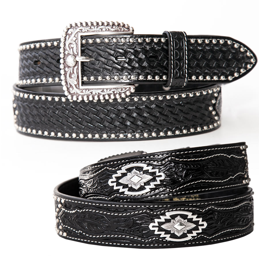 アリアット ウエスタン ベルト ハンドクラフト ブラックレザー &シルバー アズテックコンチョ/Ariat Western Leather Belt(Black/Silver)