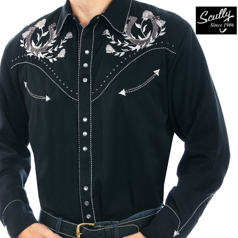 画像1: スカリー 蹄鉄&ローズ 刺繍 ウエスタン シャツ（長袖/ブラック）XS/Scully Horseshoe & Roses Embroidered Long Sleeve Western Shirt(Men's) (1)