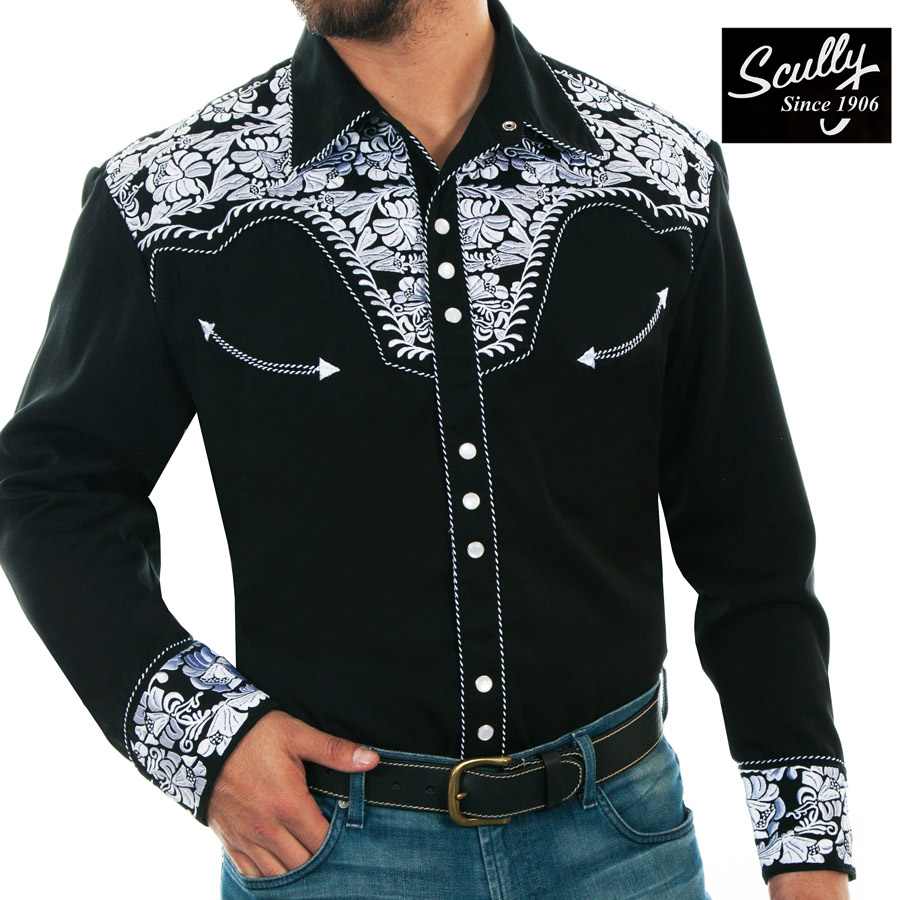 画像1: スカリー ウエスタン 刺繍 シャツ（長袖/ブラック・ホワイト）/Scully Long Sleeve Embroidered Western Shirt(Men's) (1)