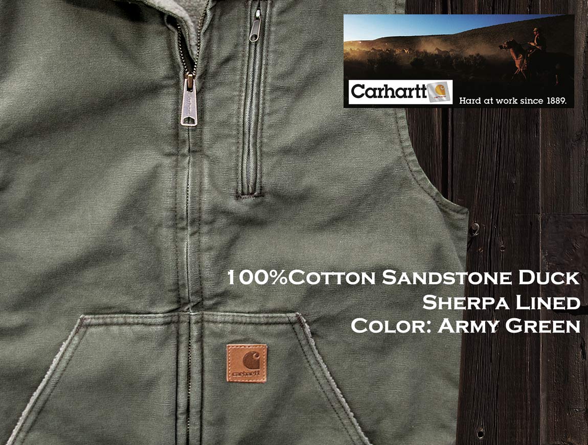 カーハート シェルパラインド サンドストーンダック モックネック ベスト（アーミーグリーン）S/Carhartt Sherpa Lined  Sandstone Mock Neck Vest(V33 Army Green)
