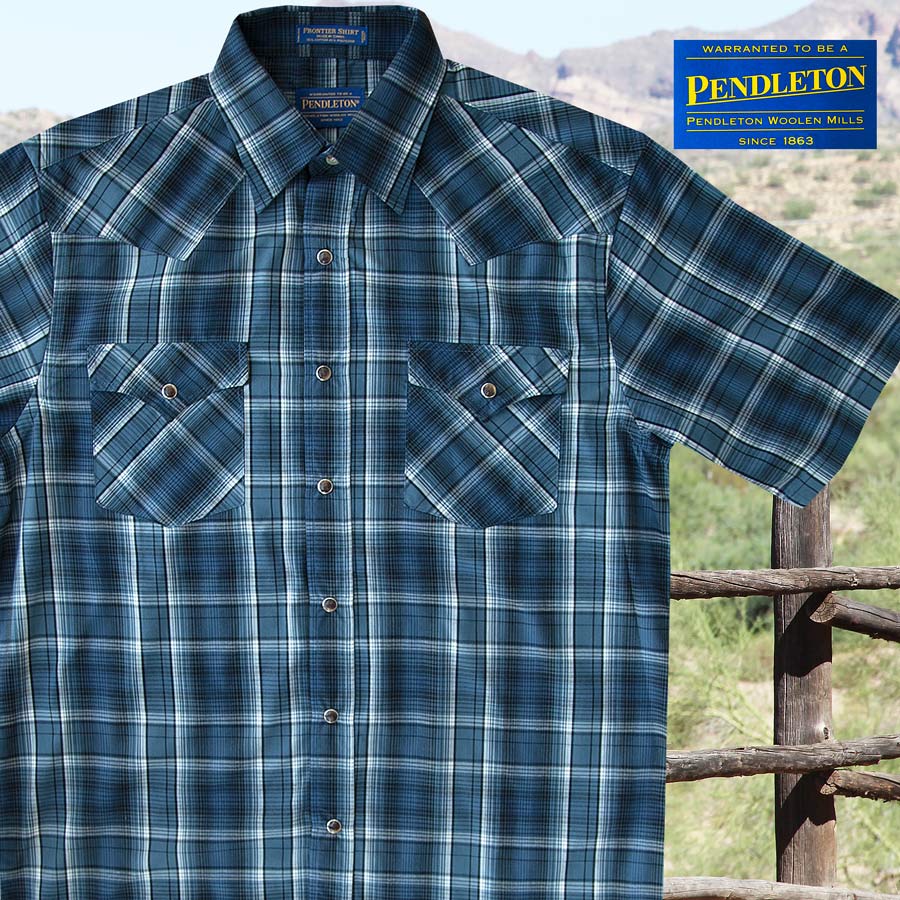 画像1: ペンドルトン 半袖 ウエスタン シャツ ブルー・ホワイトプラッドM/Pendleton Short Sleeve Western Shirt (1)