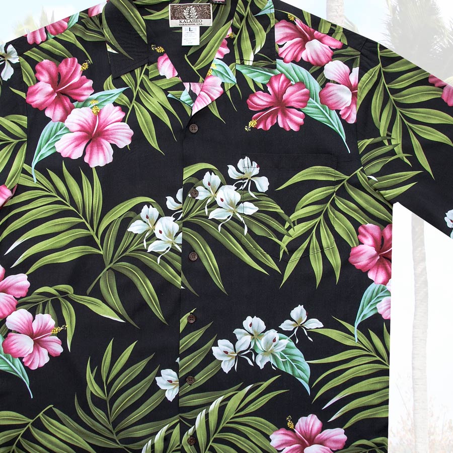 画像1: カラヘオ レーヨン アロハシャツ 花柄（ブラック）ラージサイズ/Kalaheo Rayon Aloha Shirt(Black) (1)