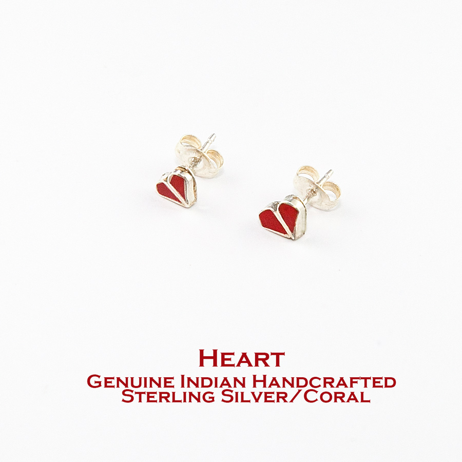 ハート ネイティブアメリカン ナバホ族 コーラル &スターリング シルバー ピアス（レッド）/Native American Navajo  Sterling Silver Coral Heart Earrings