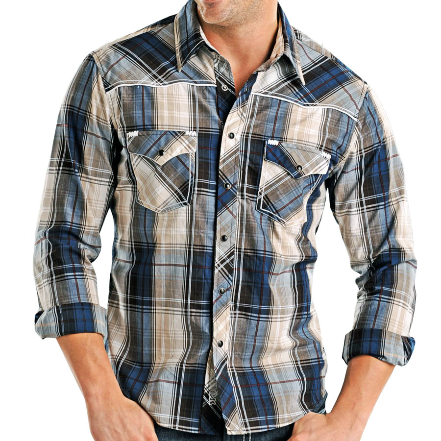 ロックンロールカウボーイ ウエスタンシャツ ブルー・ブラウン（長袖）L/Panhandle Slim Long Sleeve Western  Shirt 長袖シャツ
