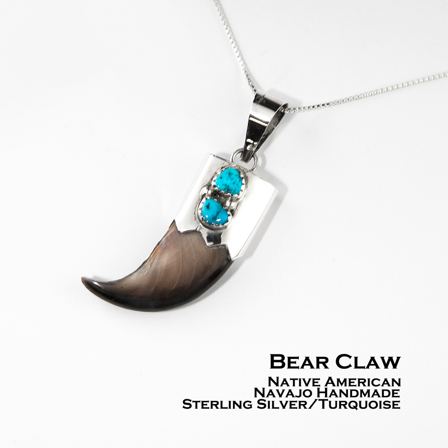 画像1: ベアクロウ 熊の爪 スターリングシルバー&ターコイズ ペンダント トップ インディアンジュエリー ナバホ族作 /Native American Navajo Sterling Silver Bear Claw Pendant (1)