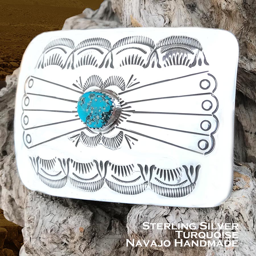 画像1: アメリカ インディアン ナバホ族 ハンドメイド ベルト バックル スターリングシルバー&ターコイズ/Native American Navajo Sterling Silver Turquoise Belt Buckle (1)