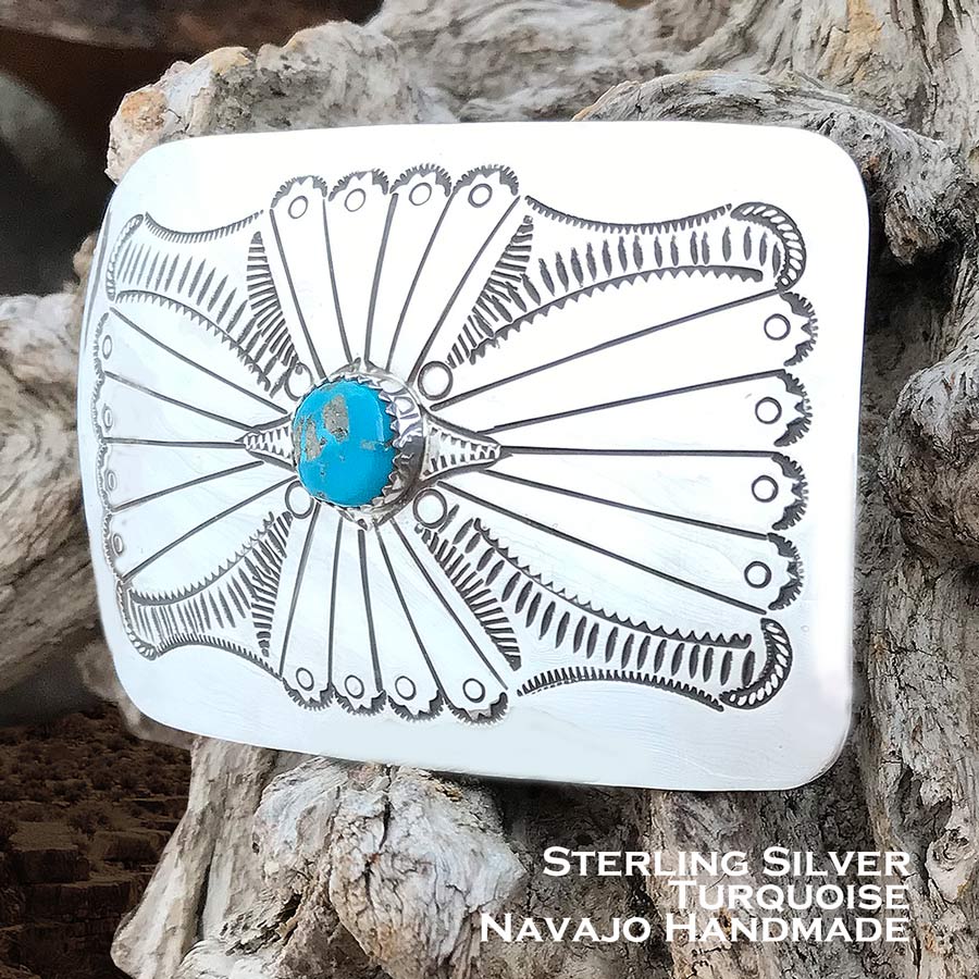 画像1: アメリカ インディアン ナバホ族 ハンドメイド ベルト バックル スターリングシルバー&ターコイズ/Native American Navajo Sterling Silver Turquoise Belt Buckle (1)