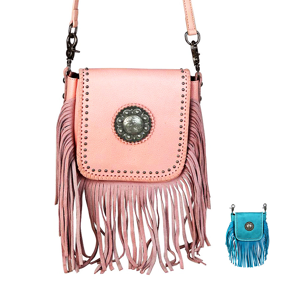 ウエスタン フリンジ レザー ショルダーバッグ クロスボディバッグ ヒップバッグ（ピンク）/100% Genuine Leather  Crossbody Bag(Pink) バッグ・ポーチ・小物ケース・キーパー