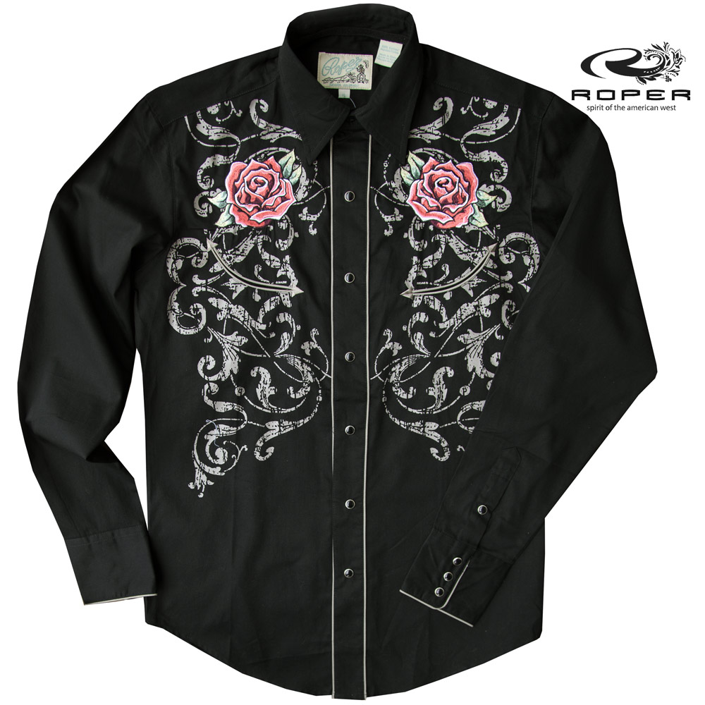画像1: ローパー ウエスタン 刺繍 シャツ（長袖/ブラック・ローズ）/Roper Long Sleeve Embroidered Western Shirt(Black/Rose) (1)