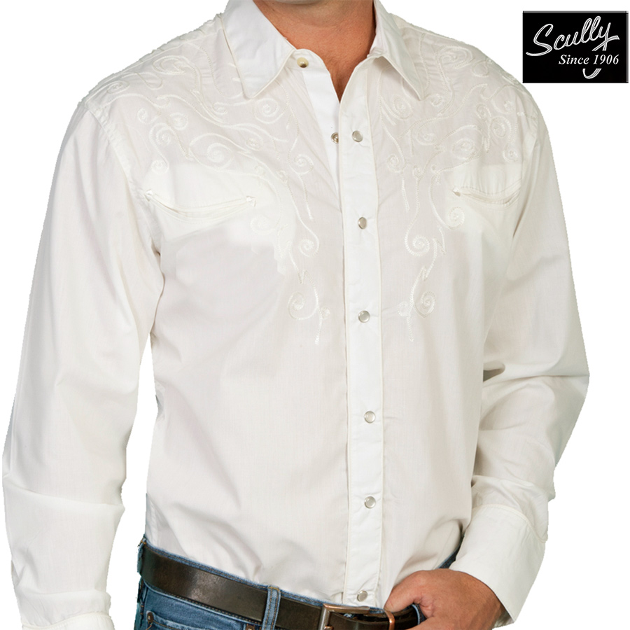 画像1: スカリー スナップフロント 刺繍 ウエスタン シャツ（長袖/ホワイト・フロント&バック刺繍）/Scully Long Sleeve Embroidered Snap Front Shirt(Men's) (1)