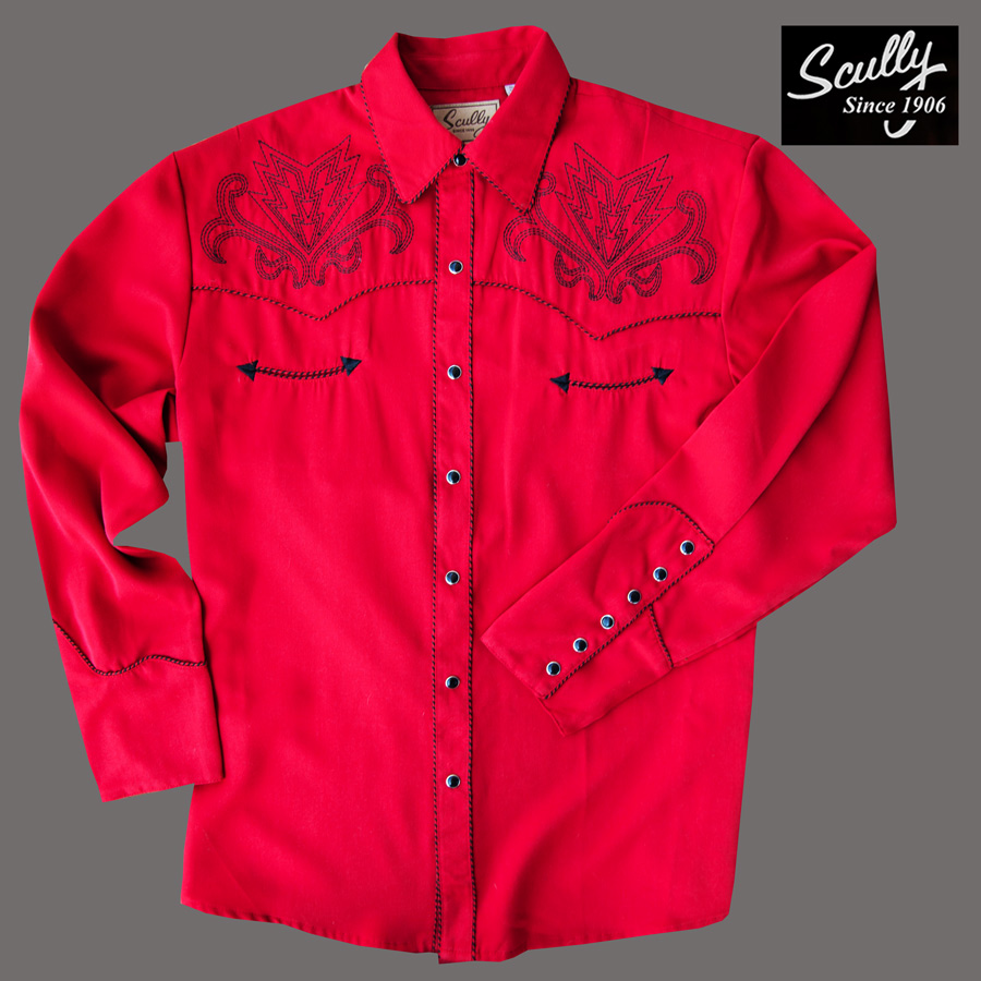 画像1: スカリー ウエスタン 刺繍 シャツ アローブーツステッチ（長袖/レッド）大きいサイズ L（身幅約62cm）/Scully Long Sleeve Embroidered Western Shirt(Men's) (1)