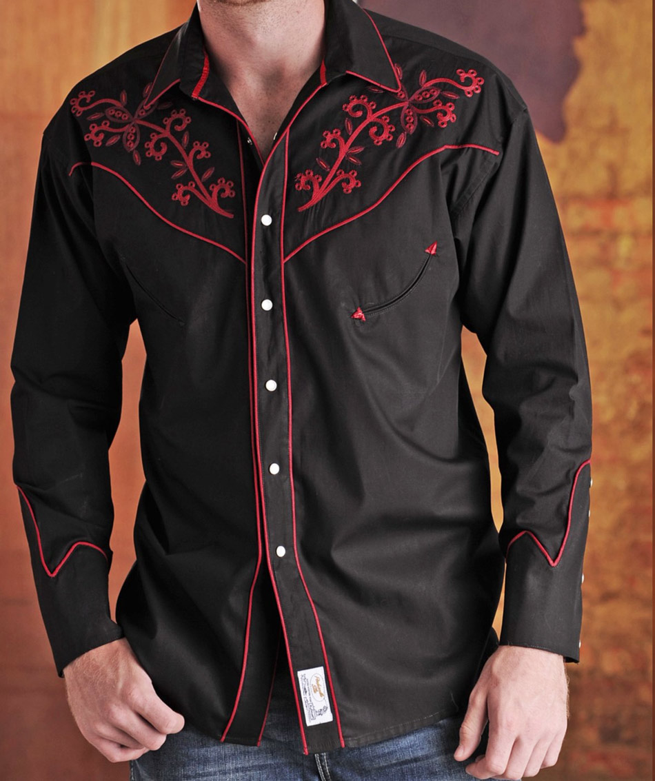 パンハンドルスリム 刺繍 ウエスタン シャツ（ブラック・レッド/長袖