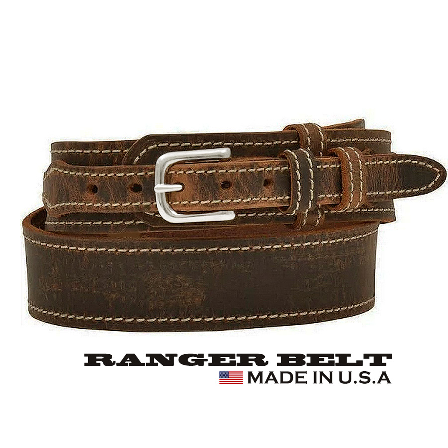画像1: アメリカ製 レザー レンジャー ベルト（ディストレストブラウン）/1 1/2" Leather Ranger Belt(Distressed Brown) (1)