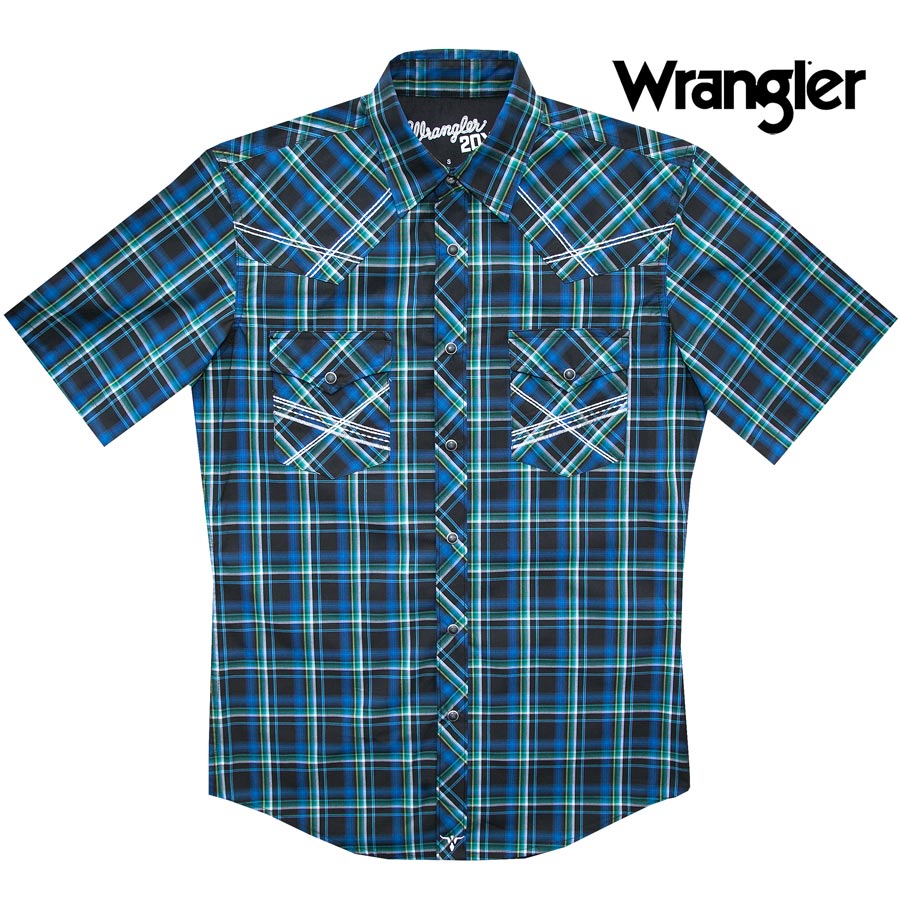 ラングラー 20X 半袖 刺繍 ウエスタンシャツ ブルー・グリーンS