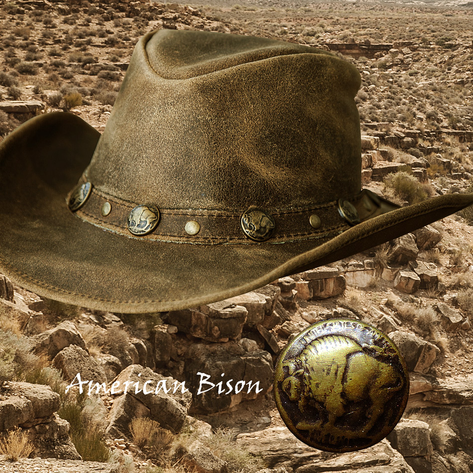 バッファロー コンチョ レザー ハット・あご紐つき（ゴールドブラウン）大きいサイズもあり/Bullhide Genuine Leather Hat Crackled(Golden Brown)