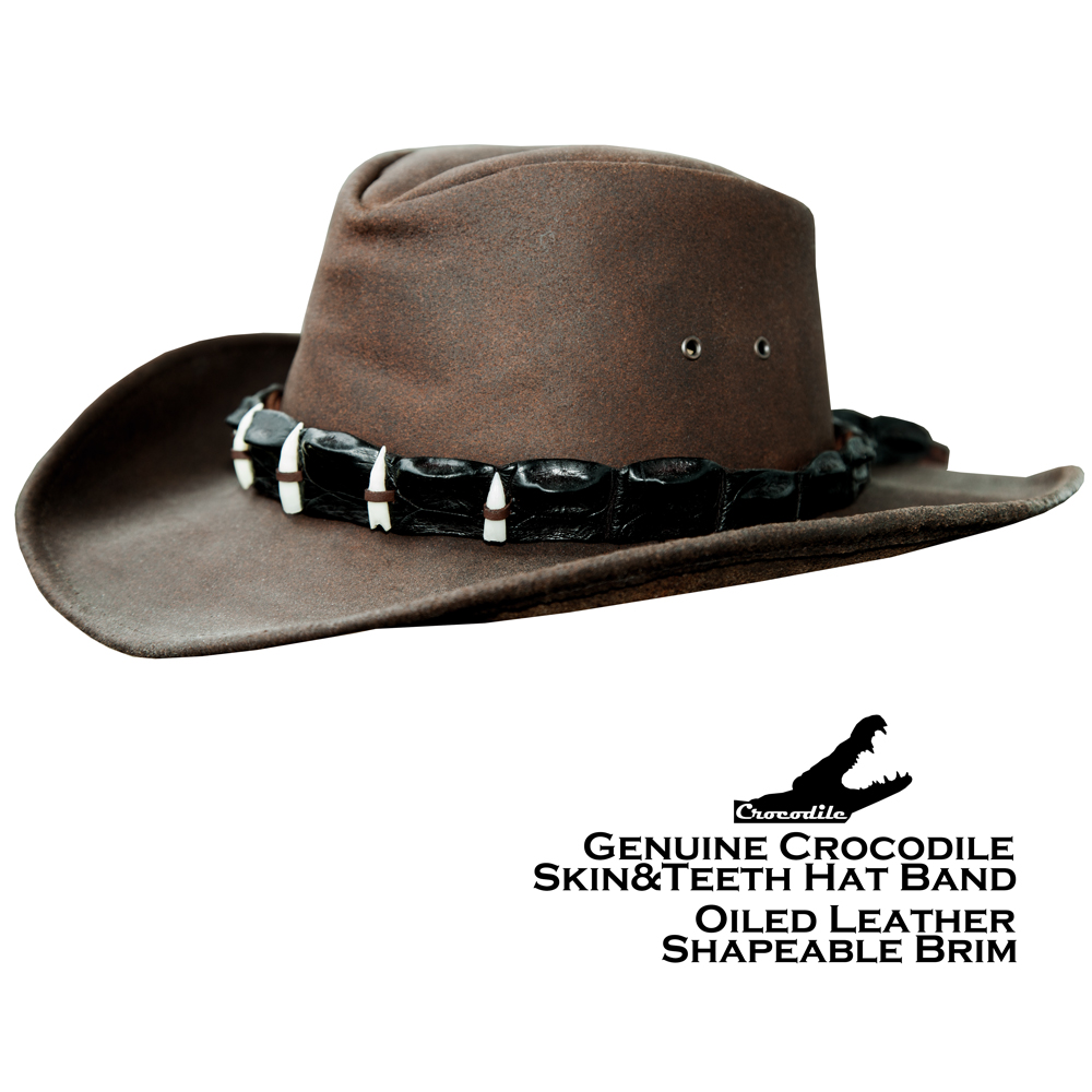 クロコダイルレザー＆ティース オイルレザーハット（ブラウン）L(58cm〜59cm前半）/Crocodile Hatband Oiled Leather Hat(Brown)