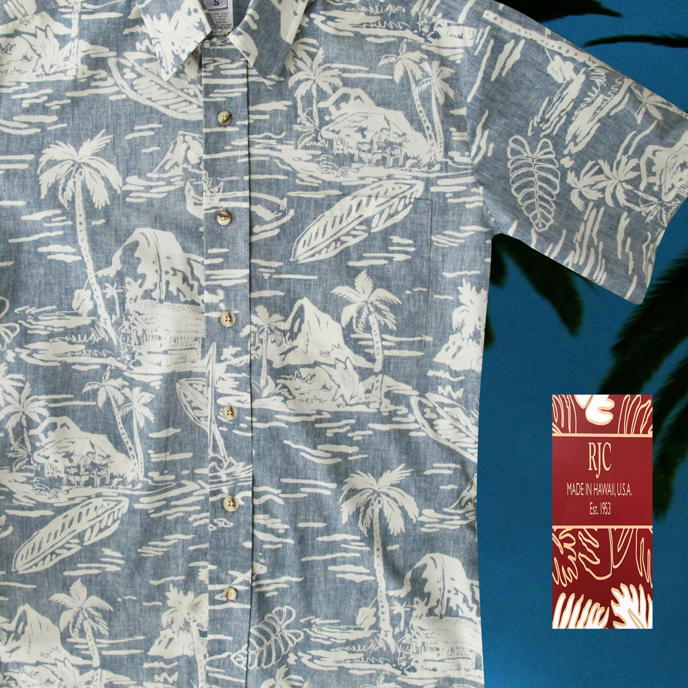 RJC ロバート・J・クランシー アロハ シャツ ハワイアンシャツ リバースプリント アイランド（ブルー）/RJC ROBERT J. CLANCEY Ivy League Collar Aloha Shirt(Blue)
