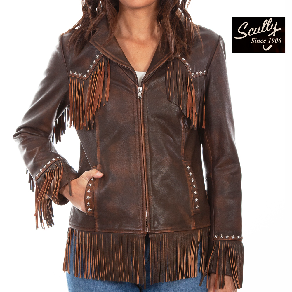 画像1: スカリー スタースタッズ &フリンジ レザー ウエスタン ジャケット(ブラウン)/Scully Studded Fringe Leather Western Jacket Brown(Women's) (1)