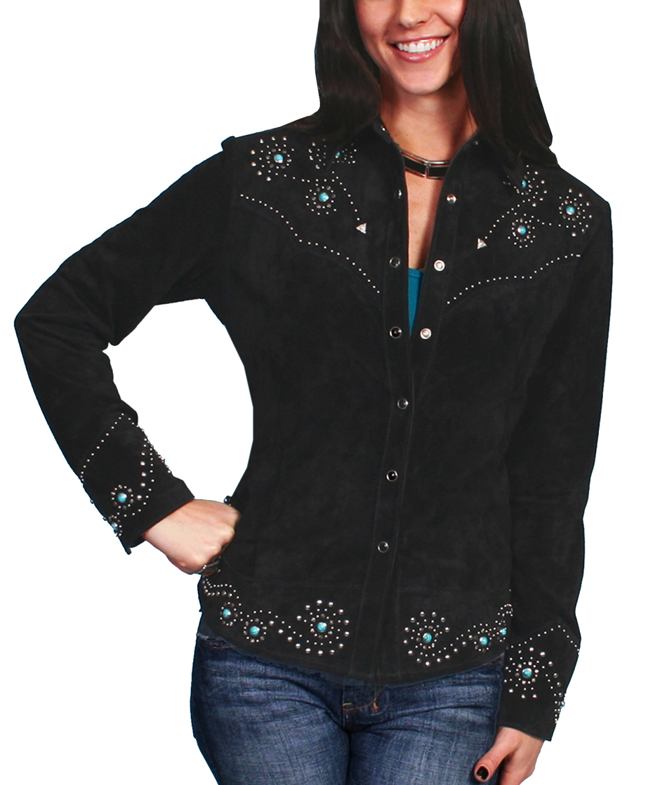 画像2: スカリー ターコイズ&シルバースタッズ レザー ウエスタン シャツ ジャケット(ブラック)/Scully Leather Shirt Jacket Black(Women's) (2)